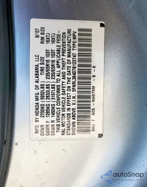 2007 Honda Odyssey Ex from USA, damaged, VIN 5FNRL38407B122747